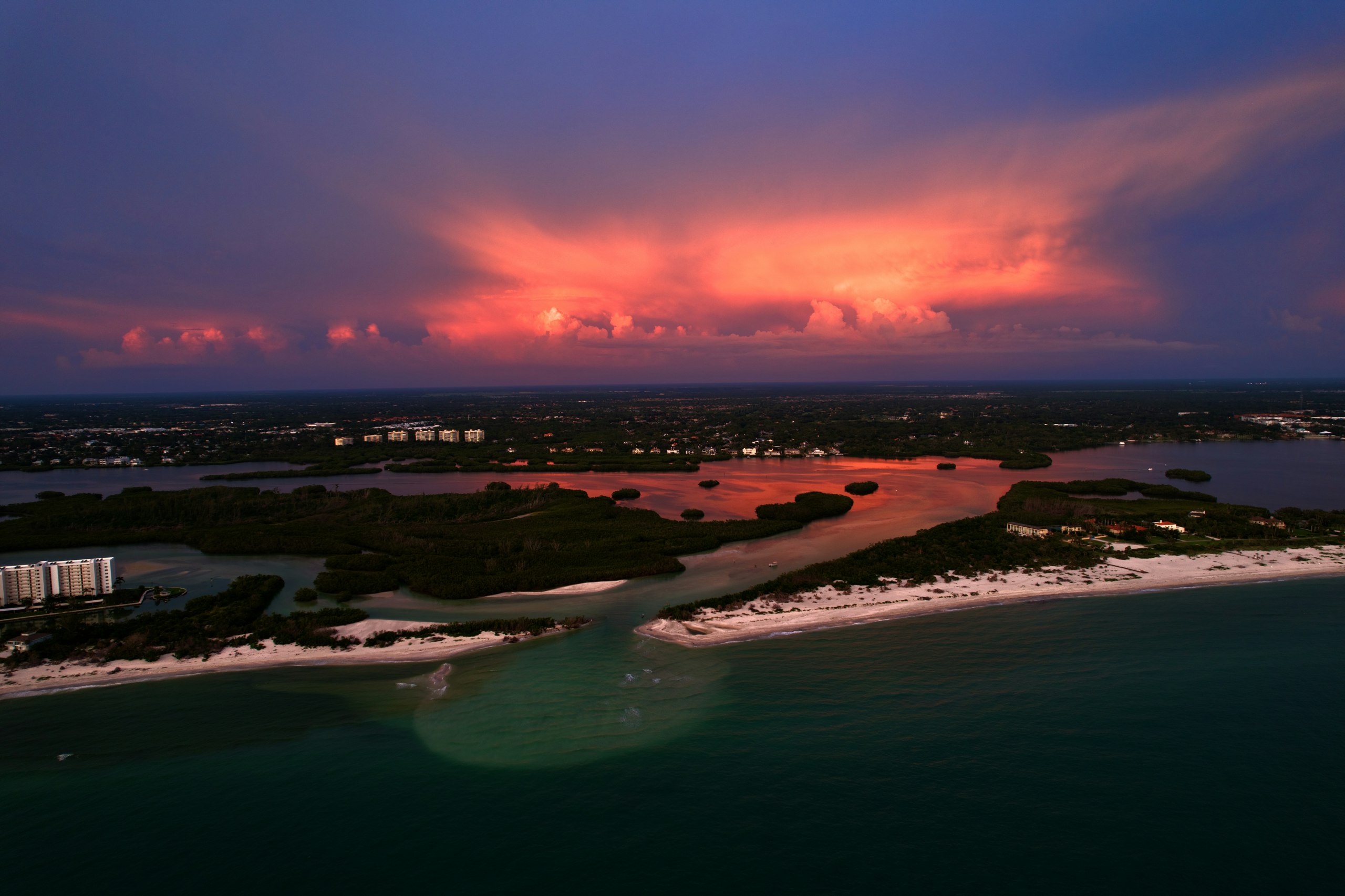 Aerial view of a South Florida coastline at dusk